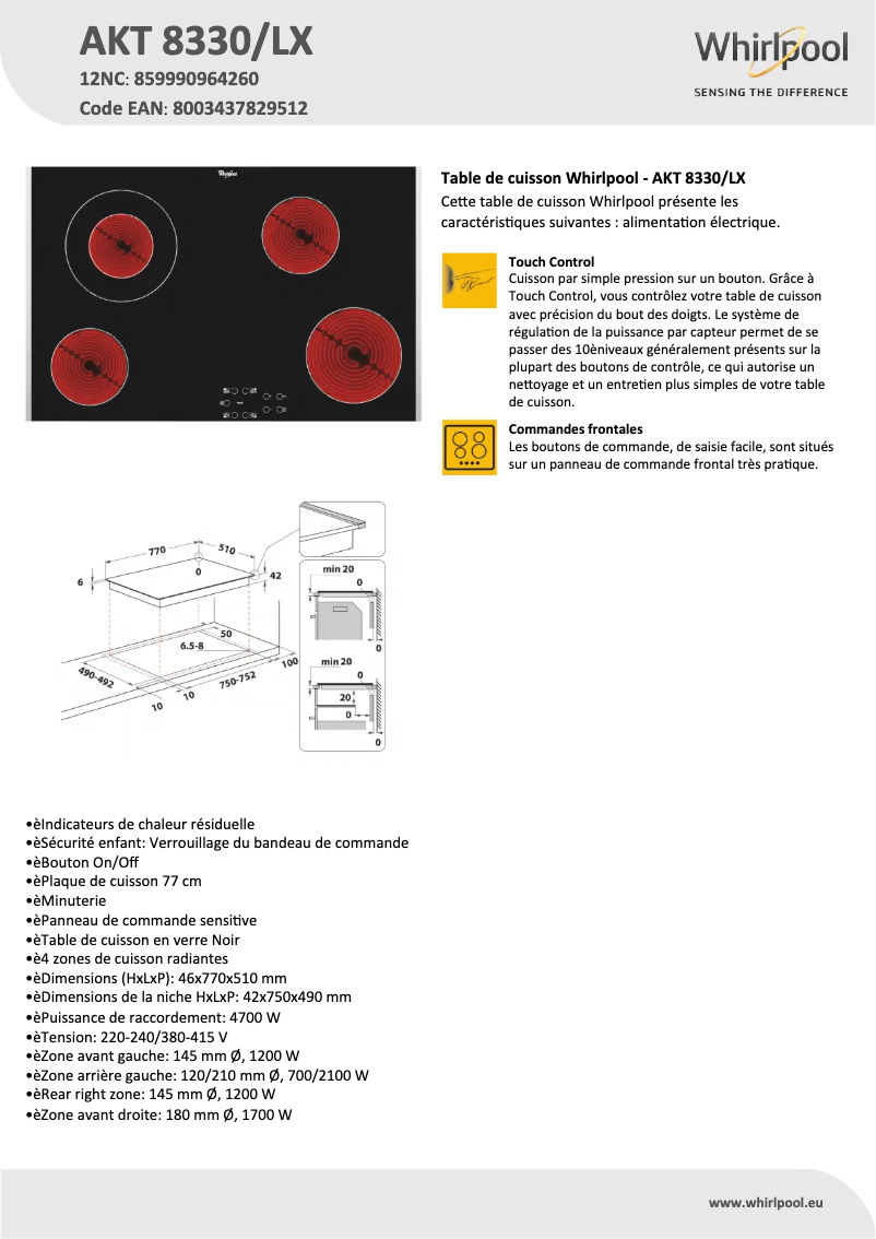 Page 1 de la notice Fiche technique Whirlpool AKT 8330/LX