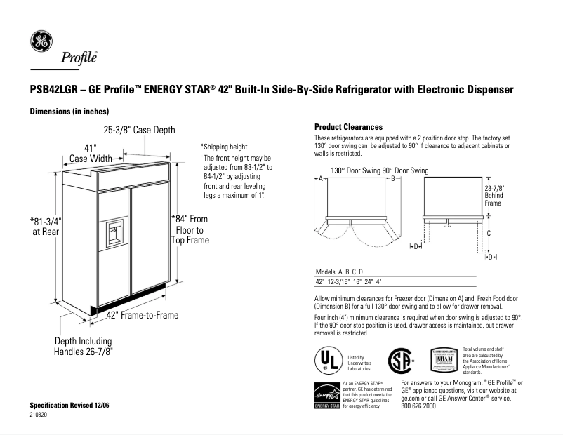 Page 1 of the manual Technical Sheet GE PSB42LGRWV