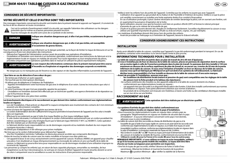 Page 1 de la notice Manuel utilisateur Whirlpool AKM 404/NB/01