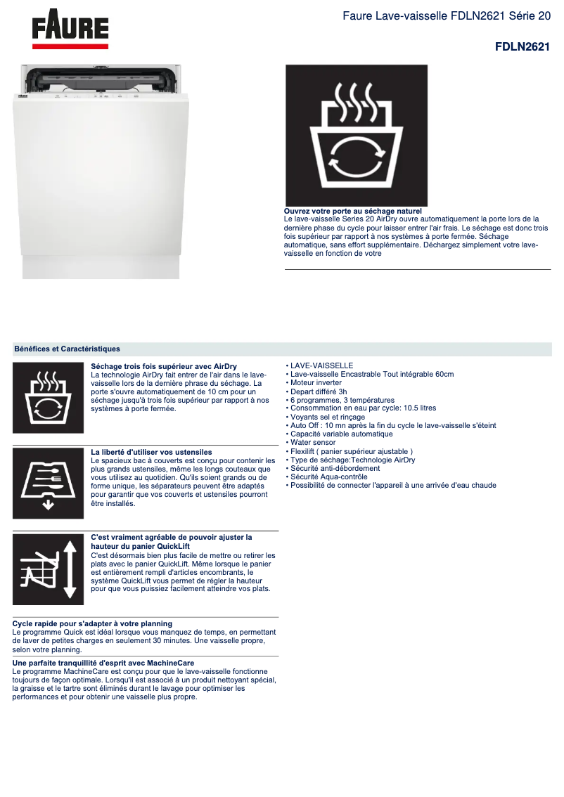 Page 1 de la notice Fiche technique Faure FDLN2621
