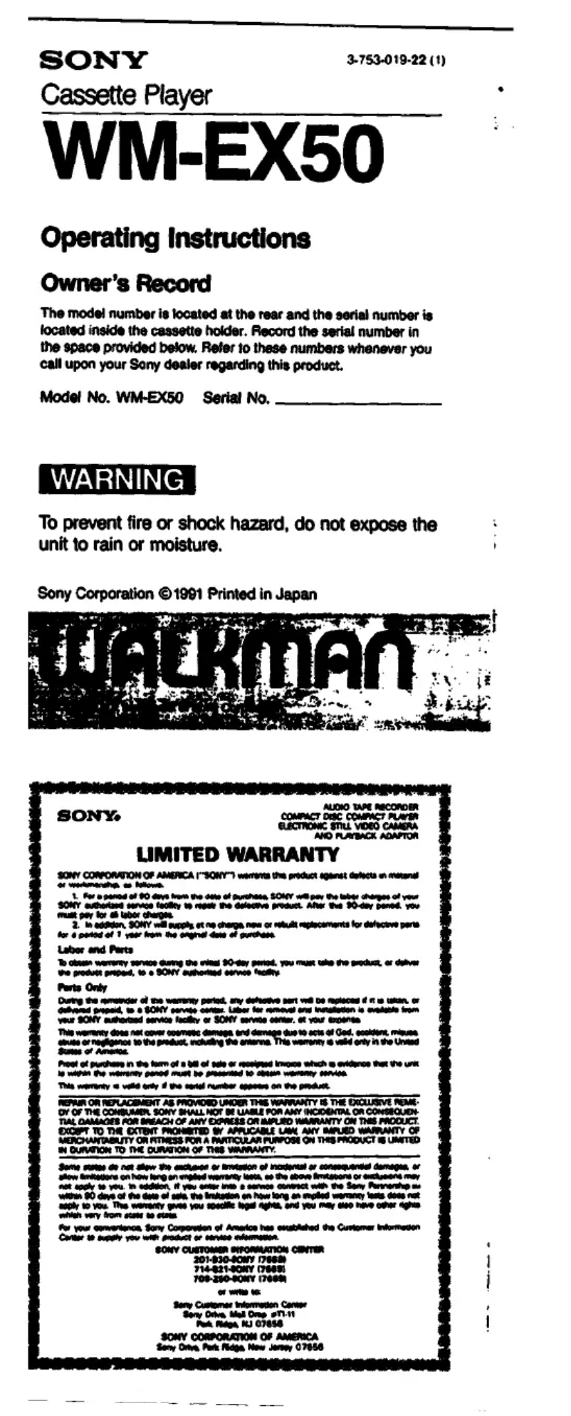 Page 1 de la notice Manuel utilisateur Sony Walkman WM-EX50