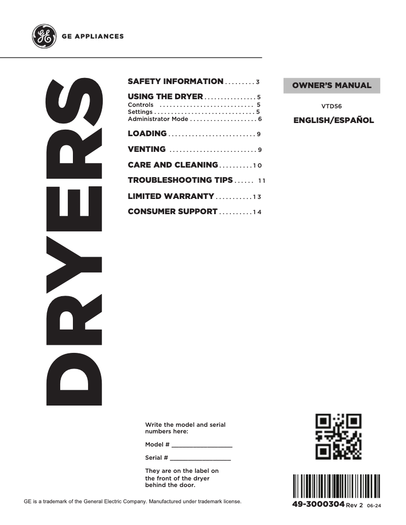 Image de la première page du manuel de l'appareil VTD56EASVWB