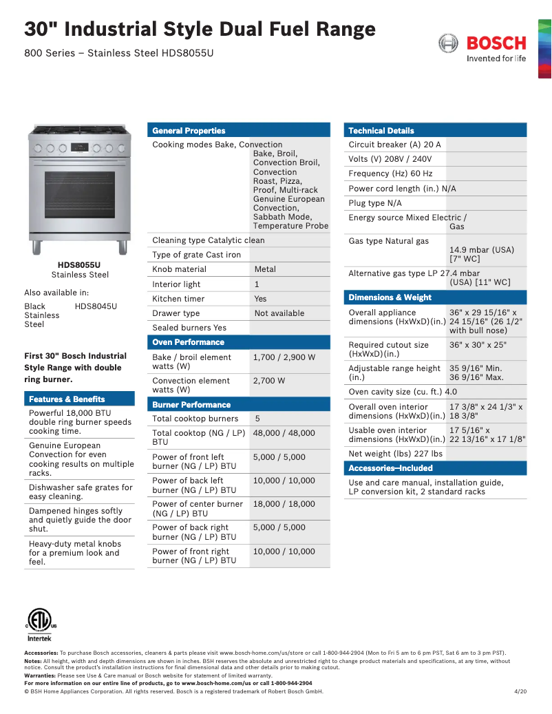 Página 1 del manual Ficha técnica Bosch HDS8055U