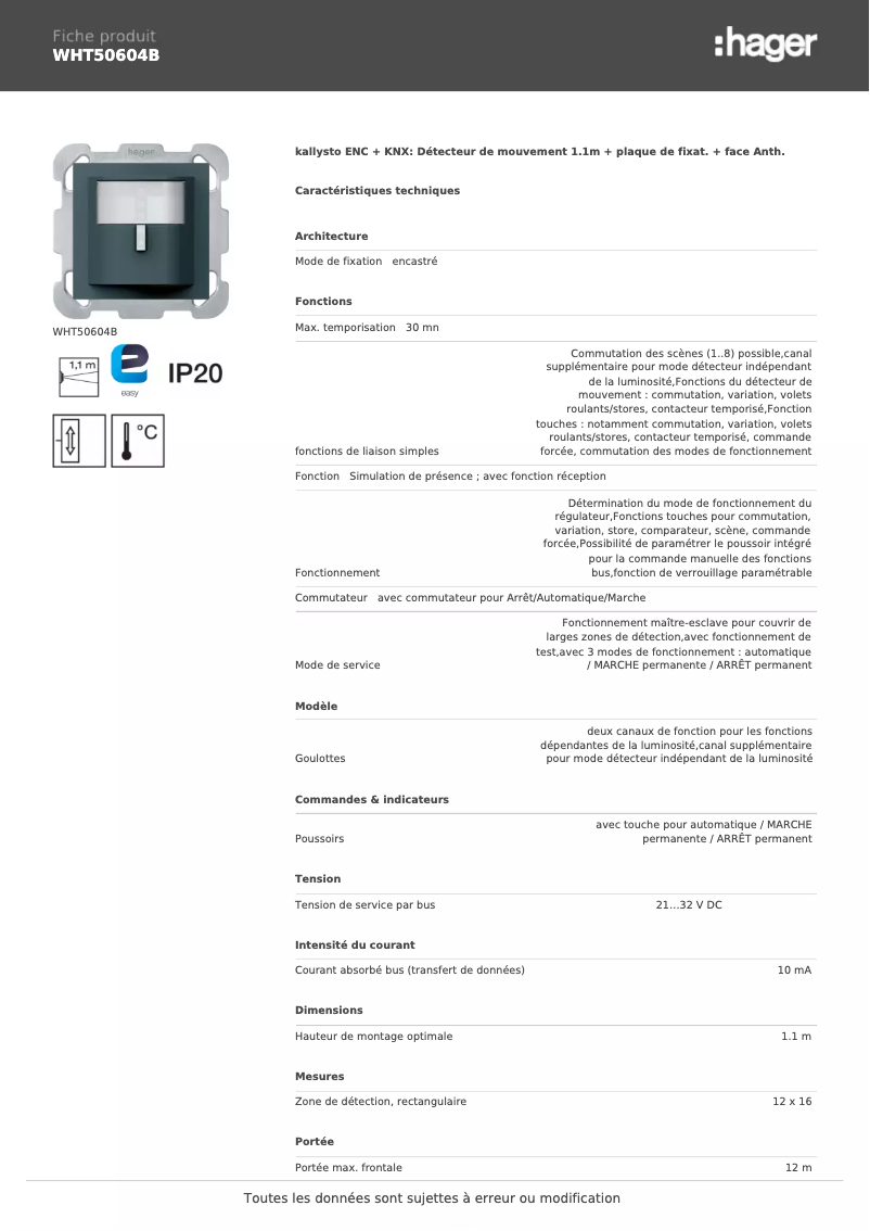 Page 1 de la notice Fiche technique Hager WHT50604B