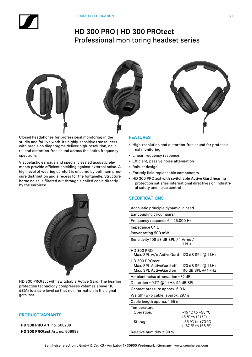 Page 1 de la notice Manuel utilisateur Sennheiser HD 300 Pro