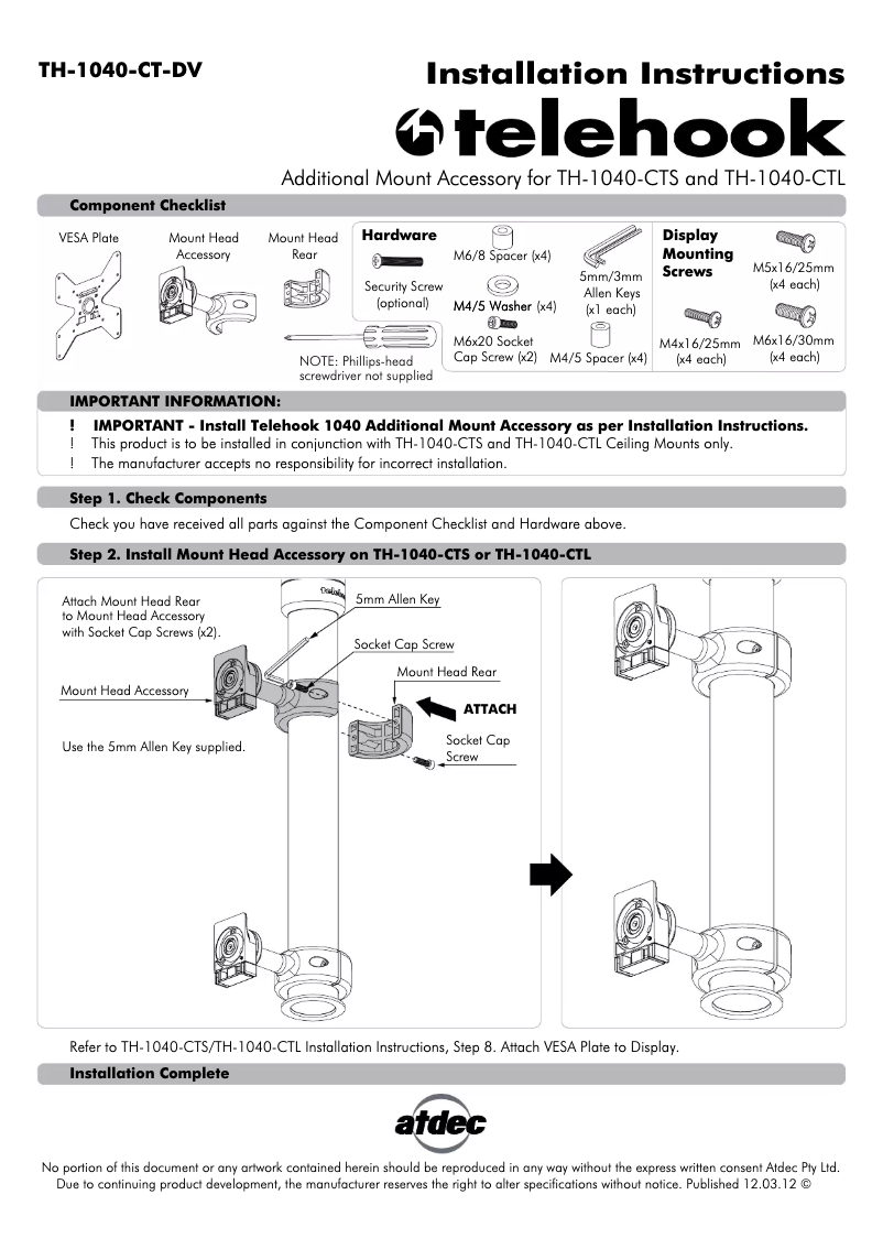 Page 1 de la notice Manuel utilisateur Atdec TH-1040-CT-DV