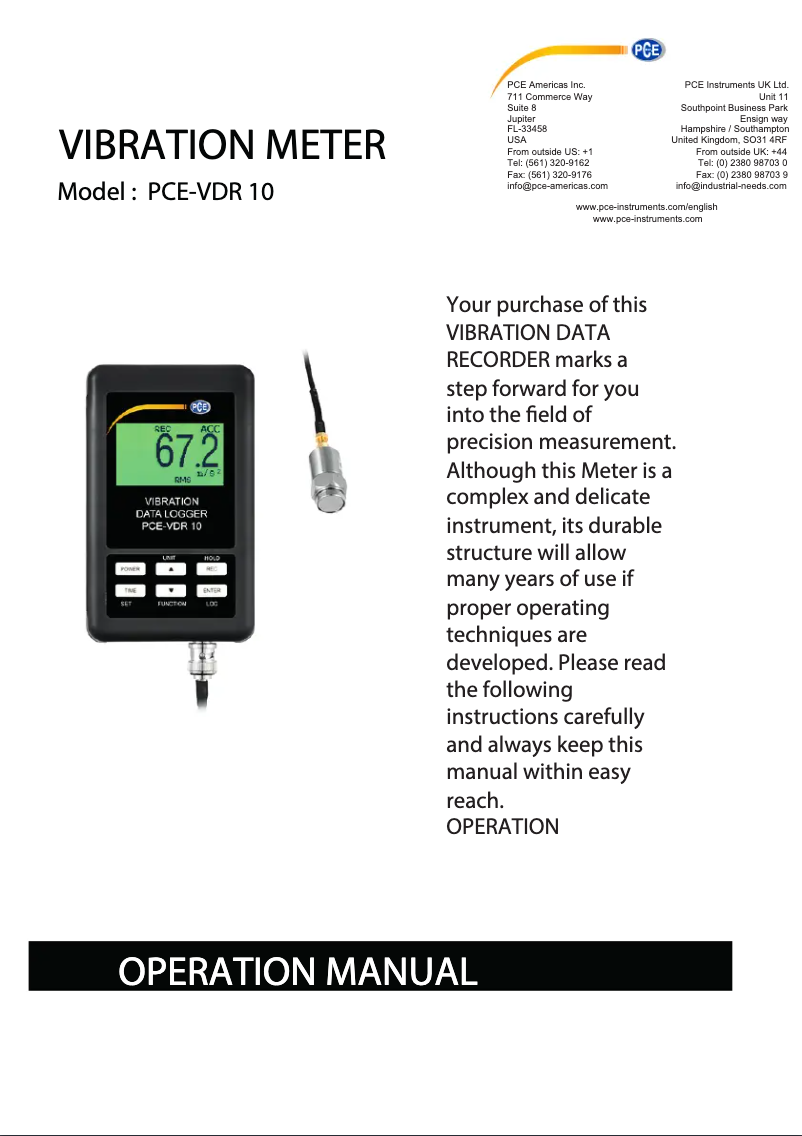 Page 1 de la notice Manuel utilisateur PCE Instruments PCE-VDR 10