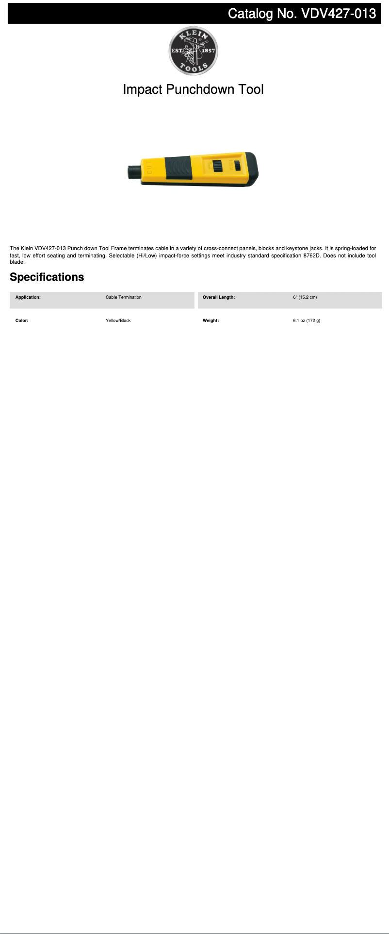 Page 1 de la notice Fiche technique Klein Tools VDV427-013