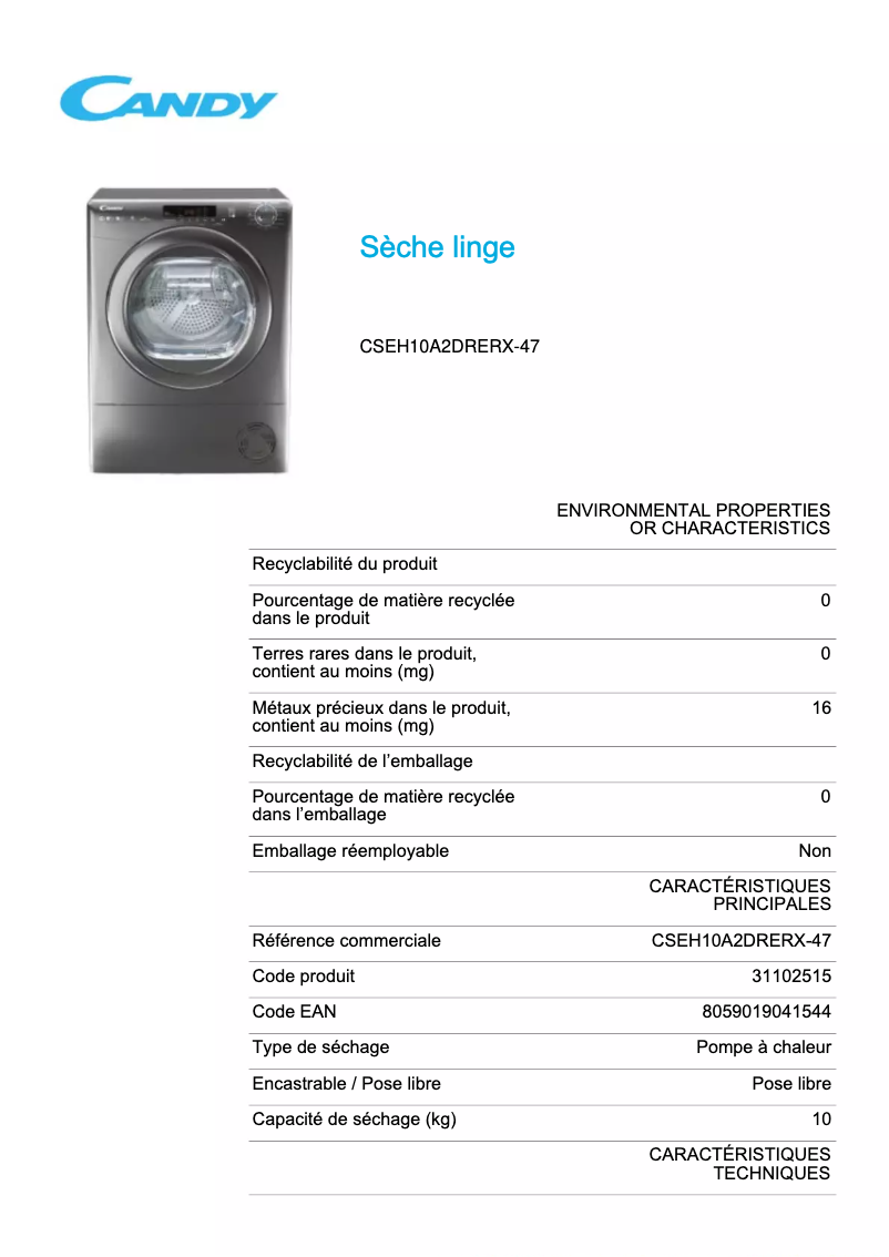 Page 1 de la notice Fiche technique Candy CSEH10A2DRERX-47