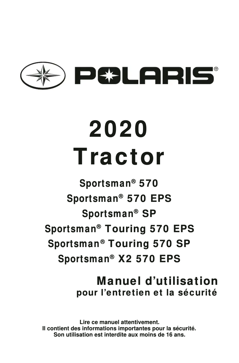Page 1 de la notice Manuel utilisateur Polaris Sportsman X2 570 EPS (2020)