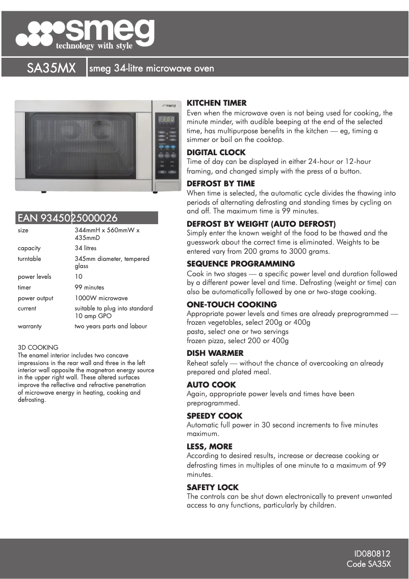 Page 1 de la notice Fiche technique Smeg SA35MX