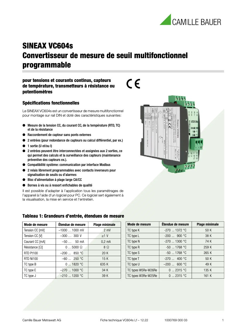 Page 1 de la notice Fiche technique Camille Bauer SINEAX VC604s
