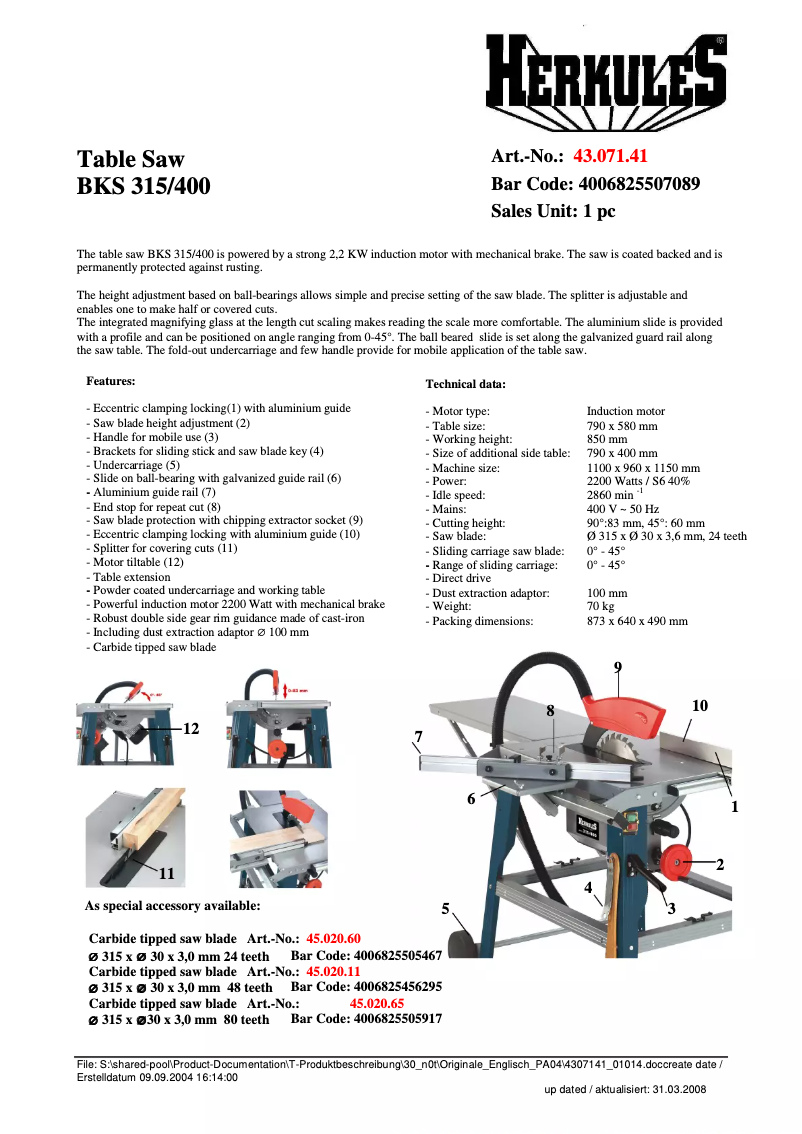Page 1 de la notice Fiche technique Herkules BKS 315/400
