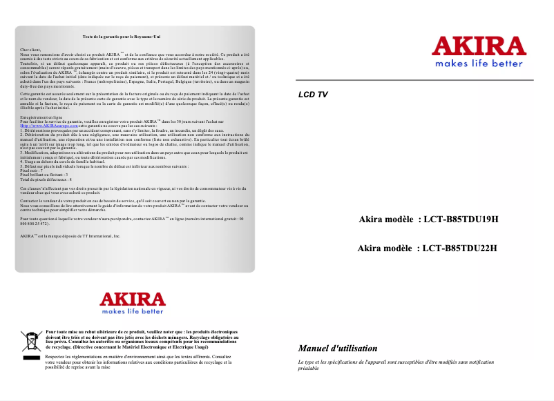 Page n°1 - Manuel utilisateur Akira LCT-B85TDU22H