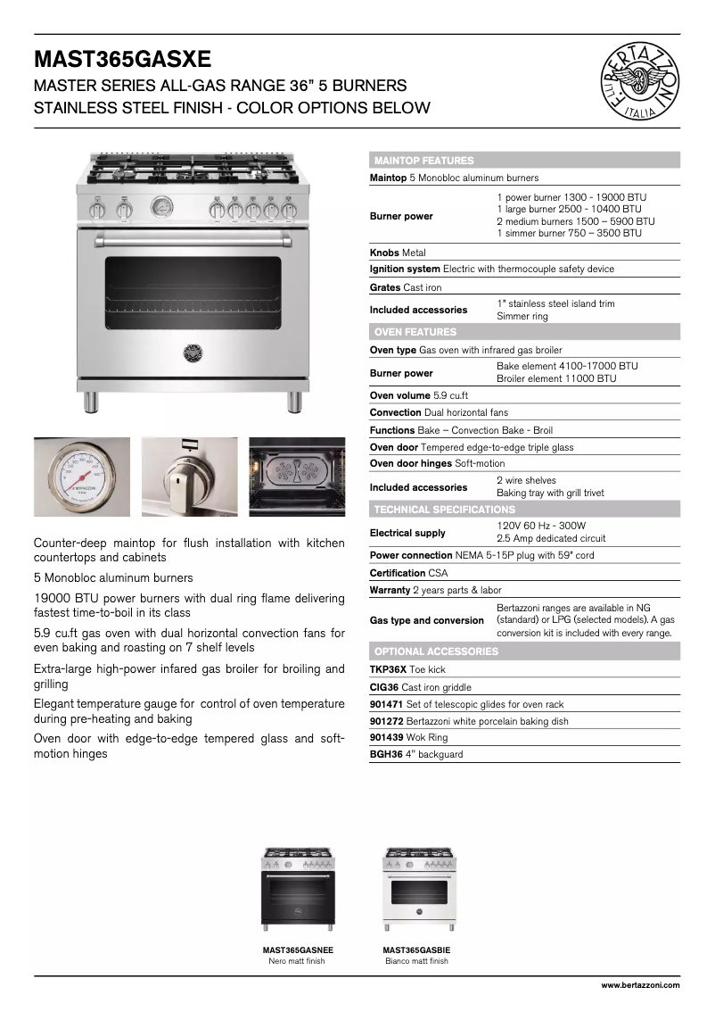 Page 1 de la notice Fiche technique Bertazzoni MAST365GASXE