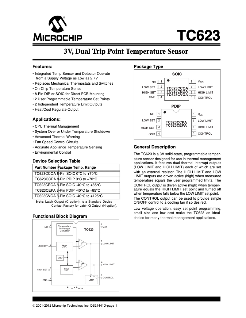Página 1 del manual Ficha técnica Microchip TC623