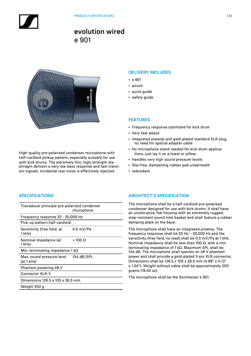 Page n°1 - Fiche technique Sennheiser E 901