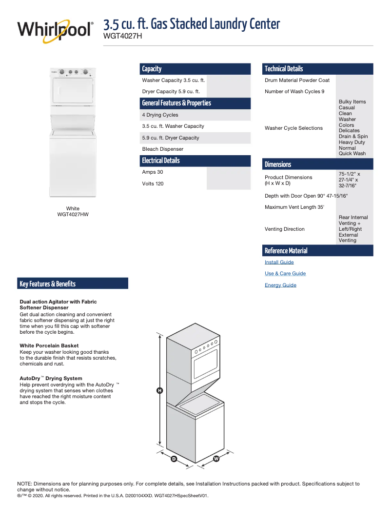 Page 1 de la notice Fiche technique Whirlpool WGT4027HW