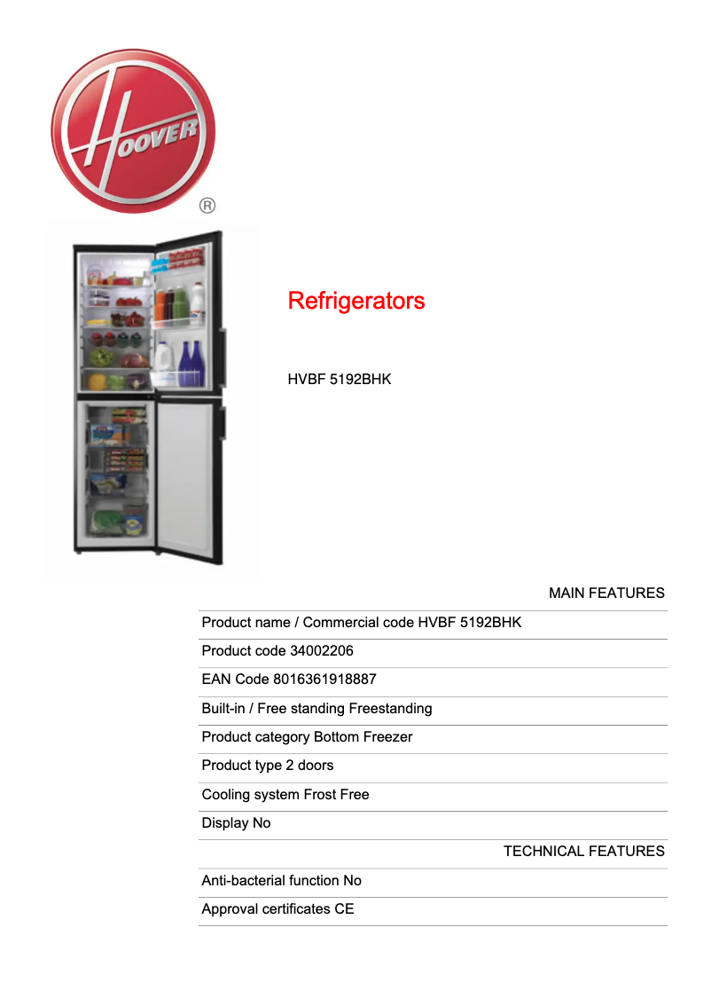 Page n°1 - Fiche technique Hoover HVBF 5192BHK