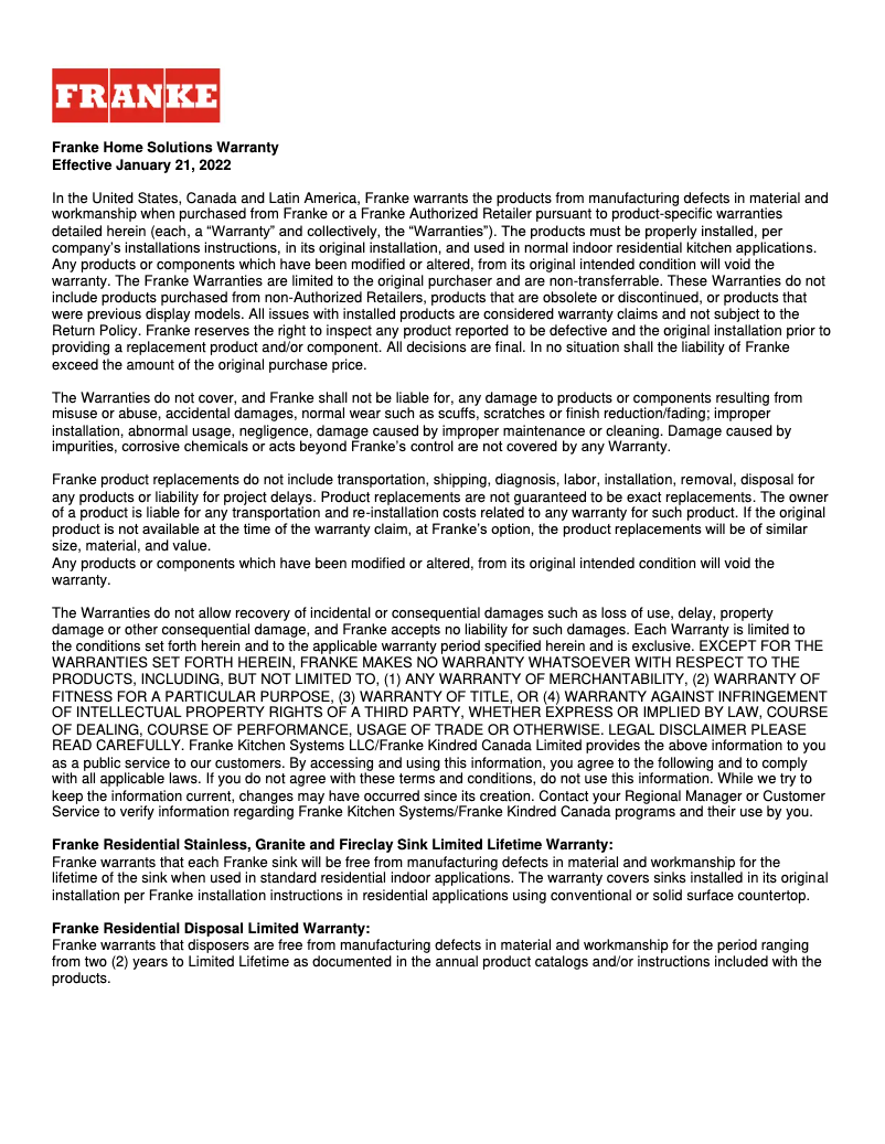 Page 1 of the manual Warranty Information Franke Grande GDX11031