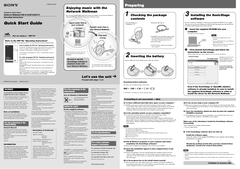 Image de la première page du manuel de l'appareil NW-E107