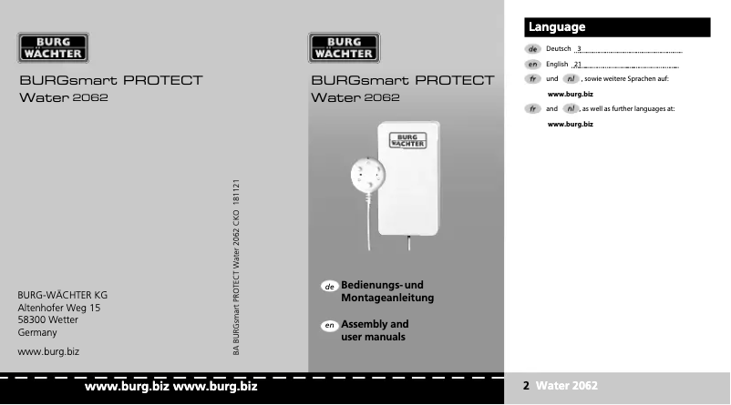 Imagen de la primera página del manual del dispositivo BURGsmart PROTECT Water 2062