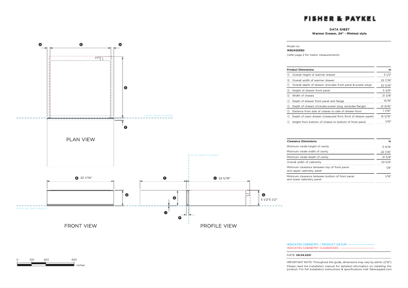 Page 1 de la notice Fiche technique Fisher & Paykel WB24SDEB2