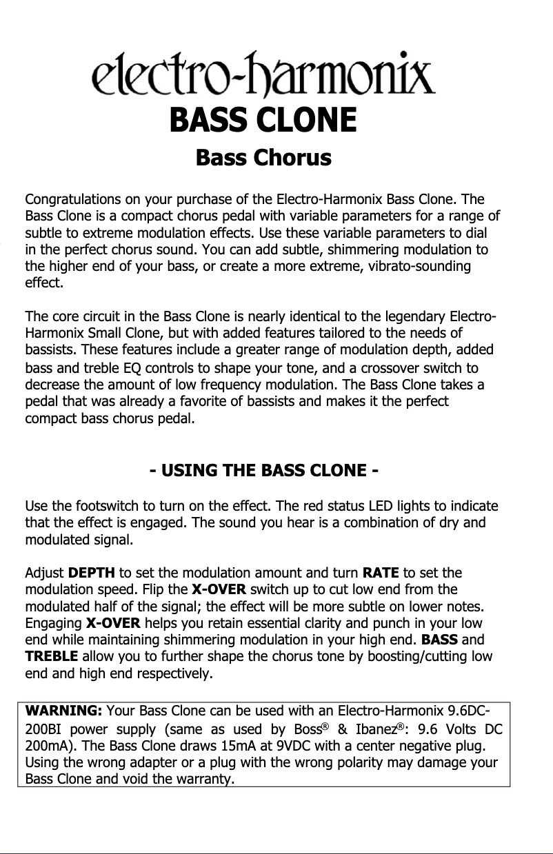 Page 1 de la notice Manuel utilisateur Electro Harmonix Bass Clone