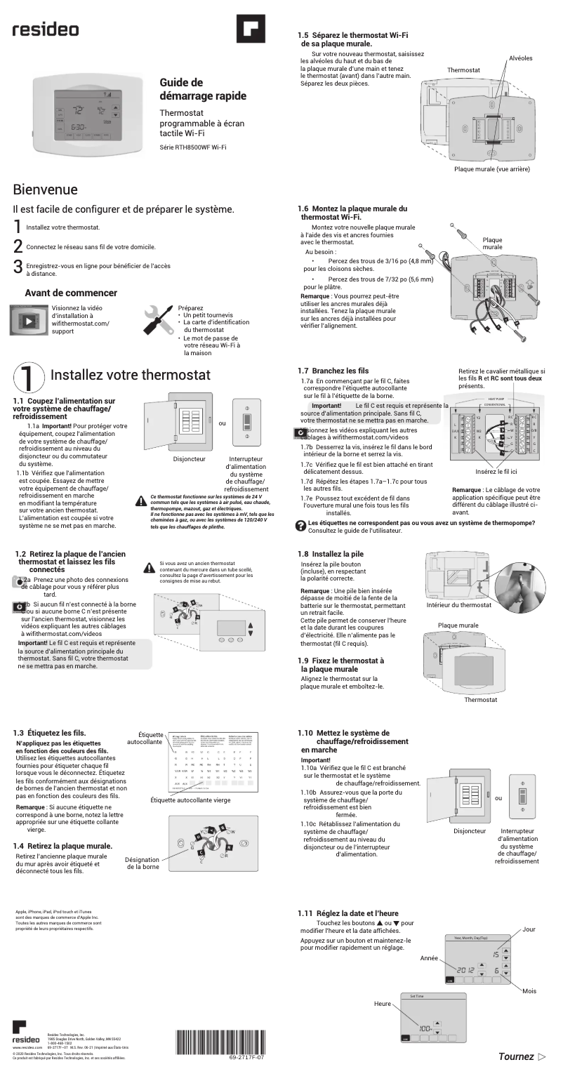 Page 1 de la notice Guide de démarrage rapide Honeywell RTH8580WF1007/W1