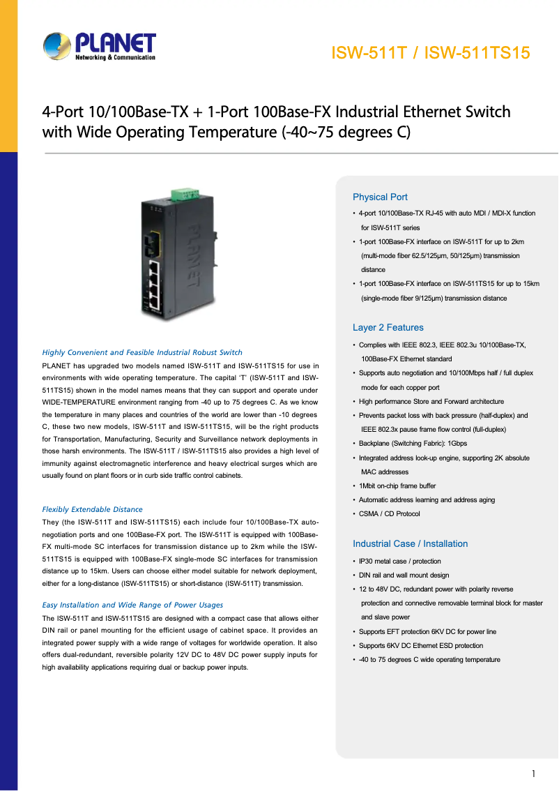 Page n°1 - Fiche technique Planet ISW-511T
