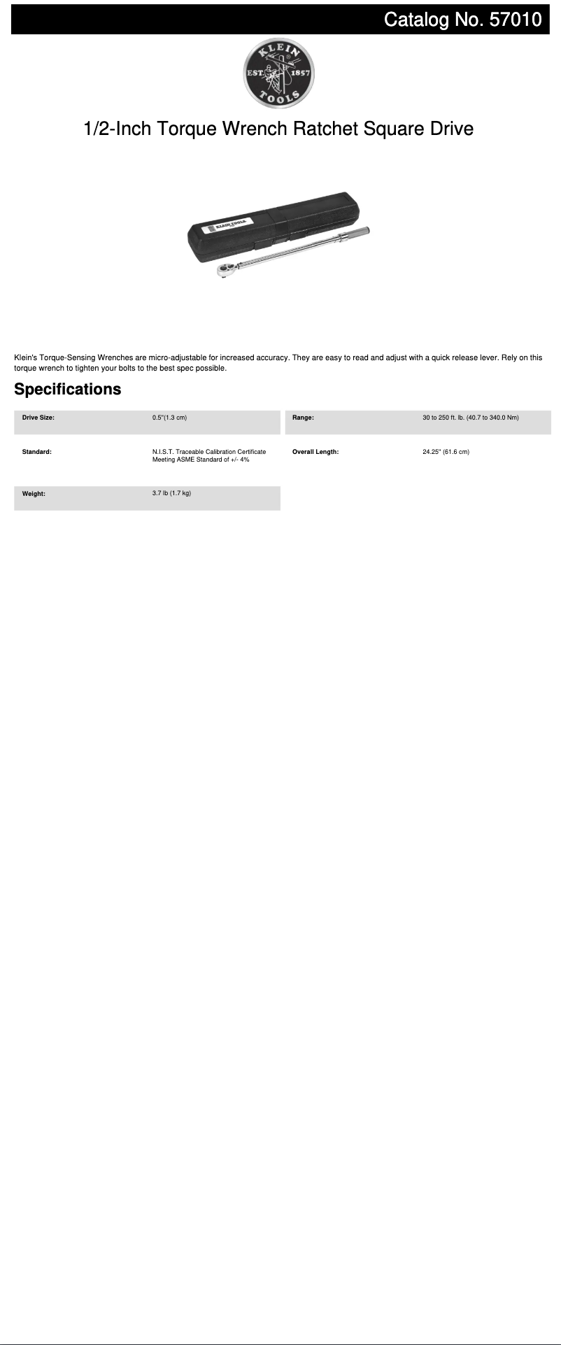 Page 1 de la notice Fiche technique Klein Tools 57010