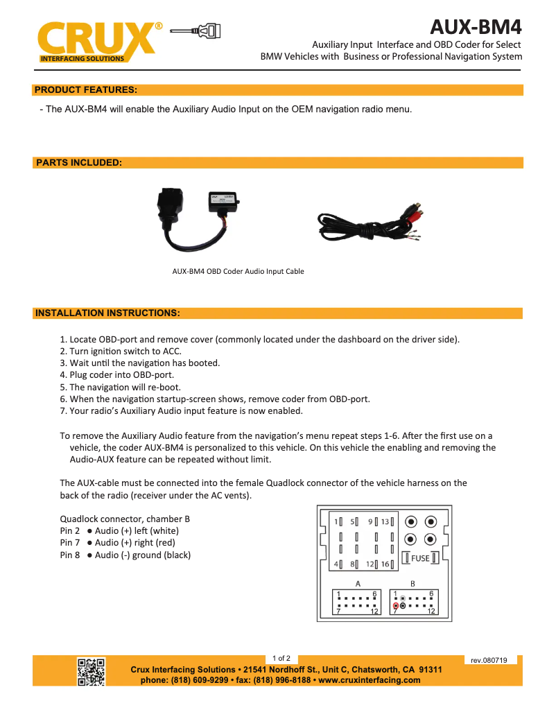 Page 1 de la notice Manuel utilisateur CRUX AUX-BM4