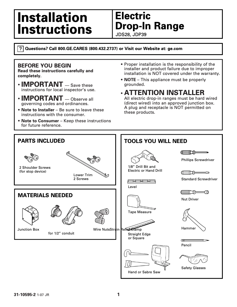 Page n°1 - Guide d'installation GE JDP39DNWW