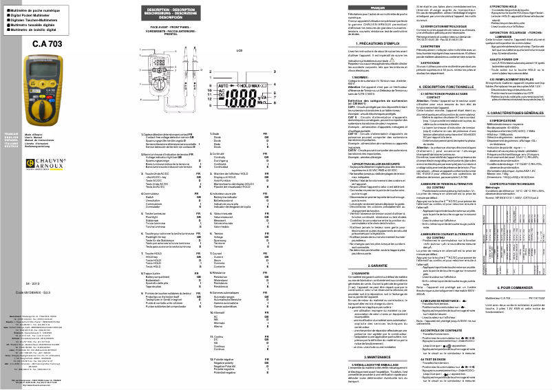 Page 1 de la notice Manuel utilisateur Chauvin Arnoux C.A 703