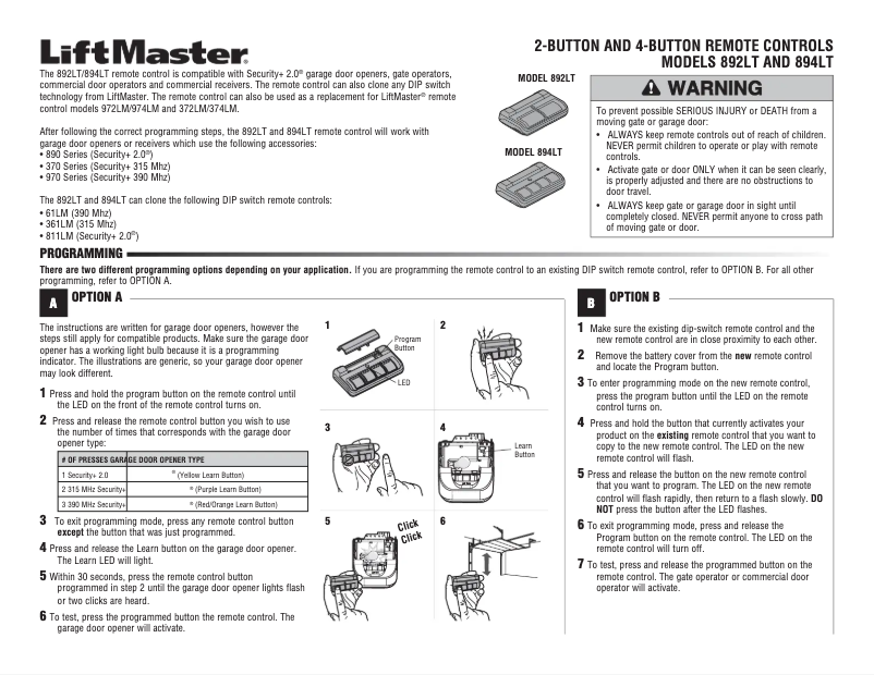 Page n°1 - Manuel utilisateur LiftMaster 894LT