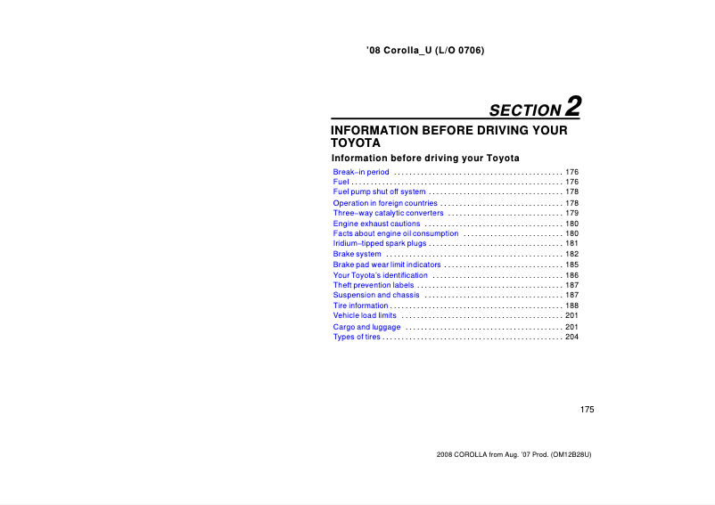 Image de la première page du manuel de l'appareil Corolla (2008)