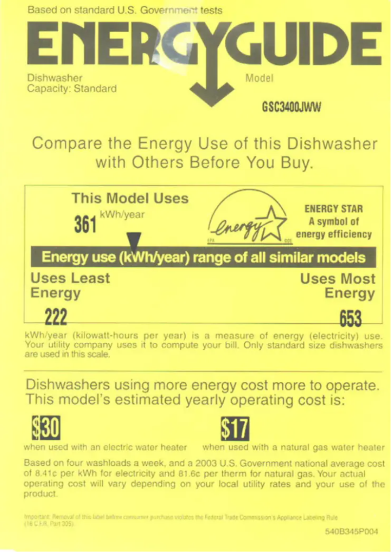 Page 1 de la notice Label énergétique GE GSC3400JWW