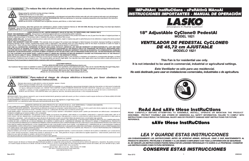 Page 1 de la notice Manuel utilisateur Lasko AdjustAble CyClone 1821