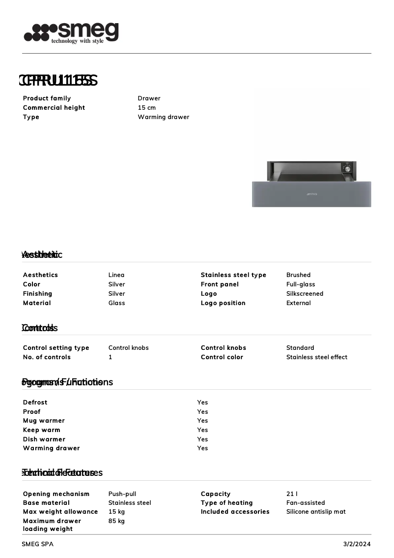 Page n°1 - Fiche technique Smeg CPRU115S