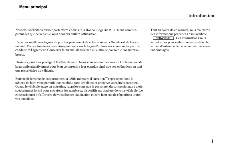 Page 1 de la notice Manuel utilisateur Honda Ridgeline (2011)