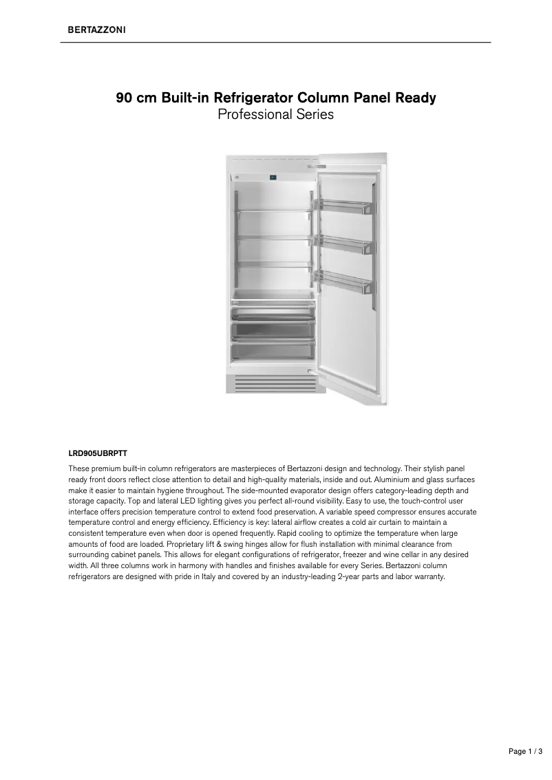 Page 1 de la notice Fiche technique Bertazzoni LRD905UBRPTT