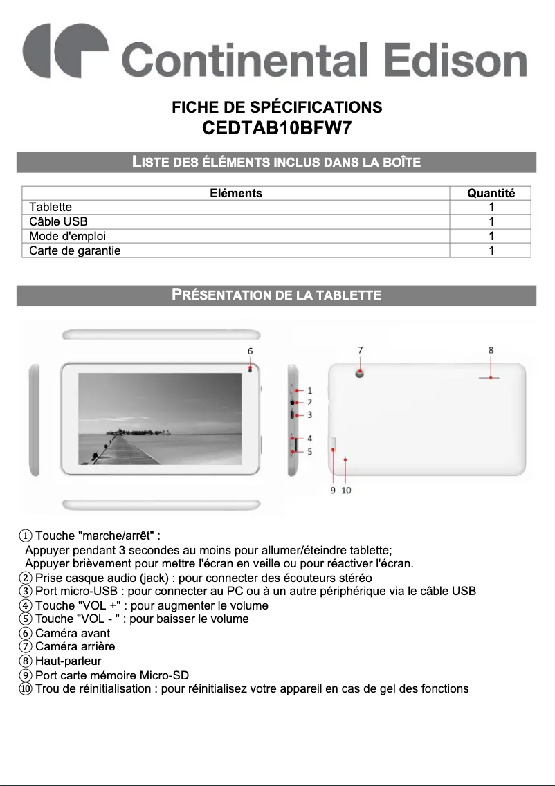 Page 1 de la notice Fiche technique Continental Edison CEDTAB10BFW7