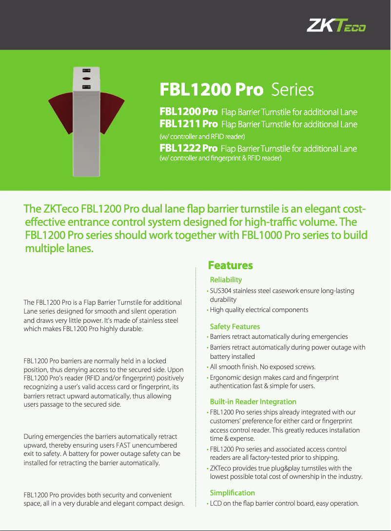 Página 1 del manual Ficha técnica ZKTeco FBL1200 PRO