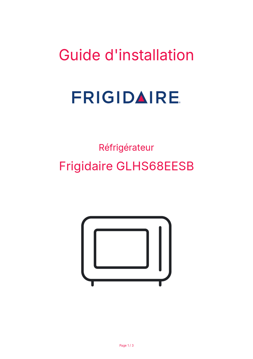 Page n°1 - Guide d'installation Frigidaire GLHS68EESB