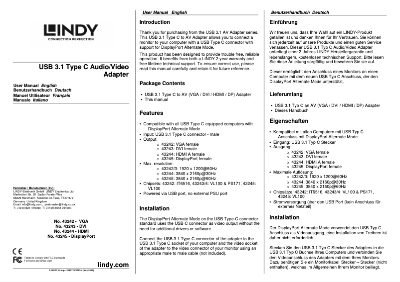 Page n°1 - Manuel utilisateur Lindy 43243