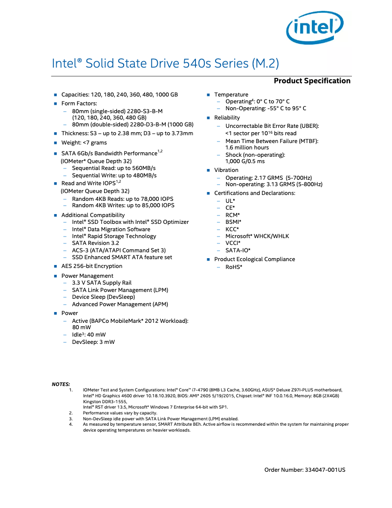 Page n°1 - Manuel utilisateur Intel 540s