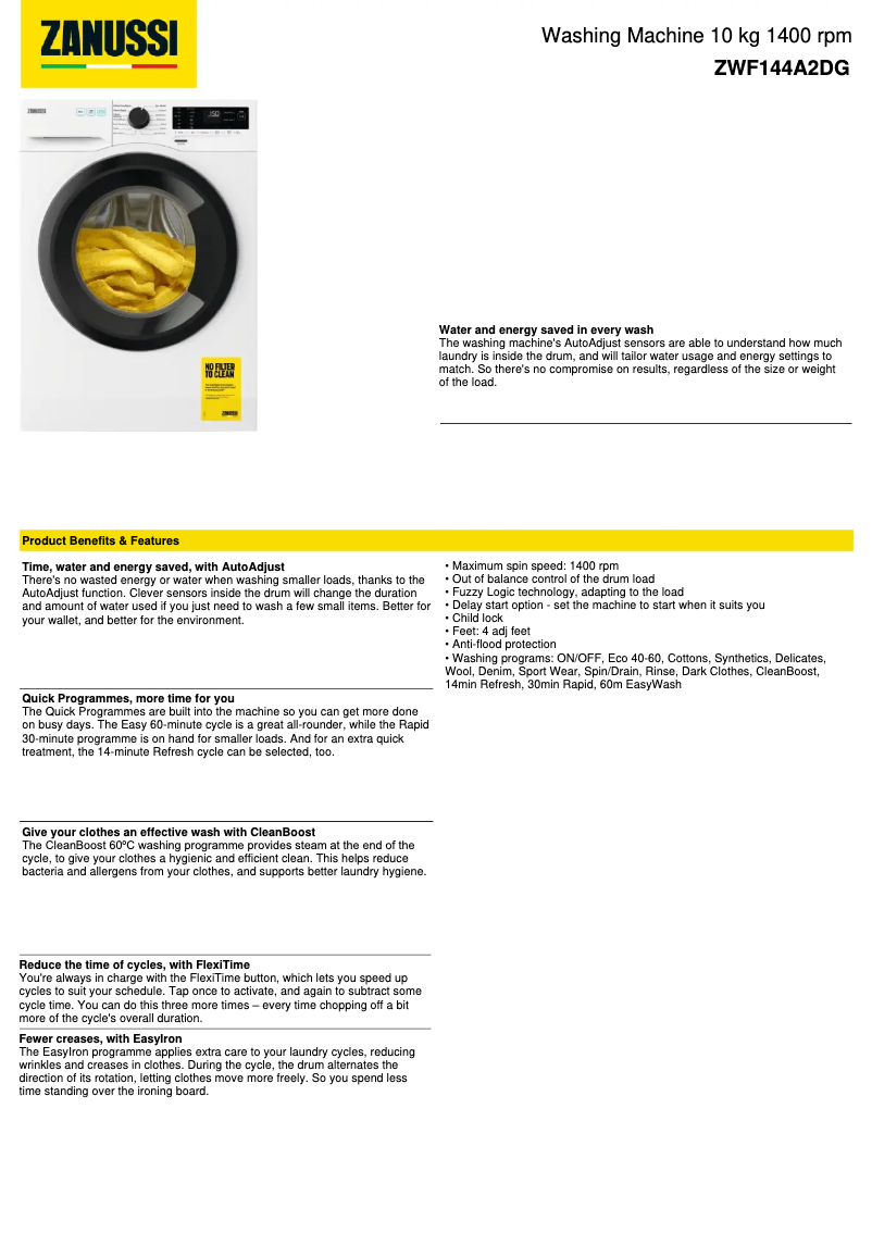 Page n°1 - Fiche technique Zanussi ZWF144A2DG
