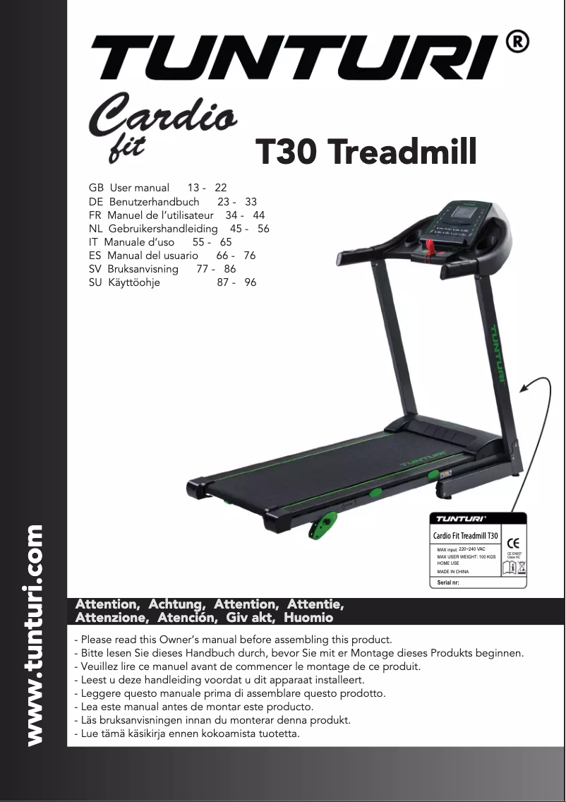 Page 1 de la notice Manuel utilisateur Tunturi Cardio Fit T30