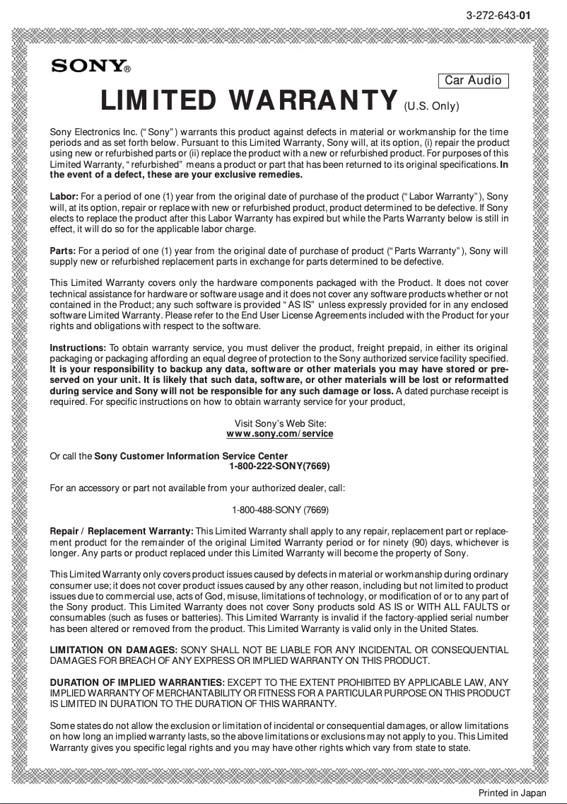 Page 1 de la notice Manuel utilisateur Sony CDX-51