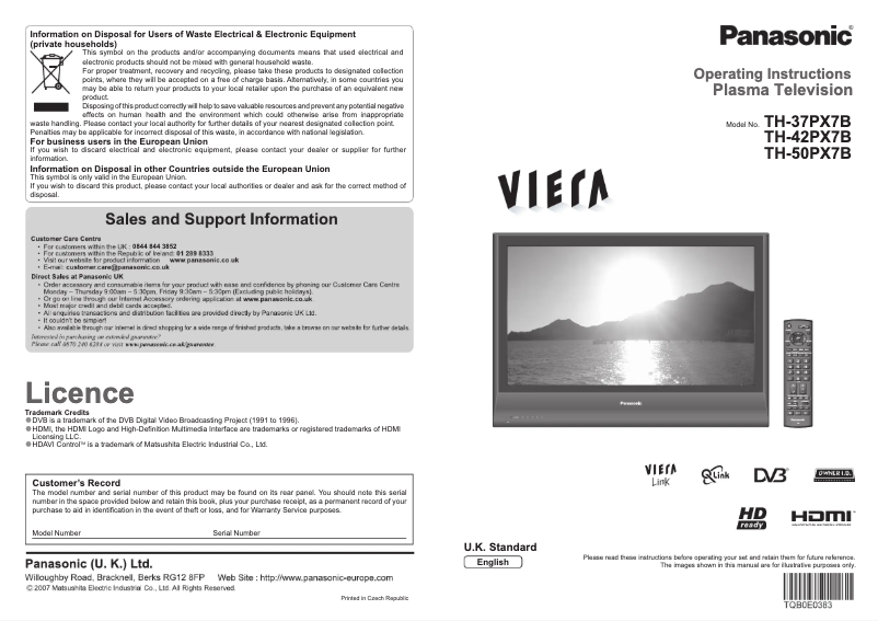 Page 1 of the manual User Manual Panasonic TH-42PX7B